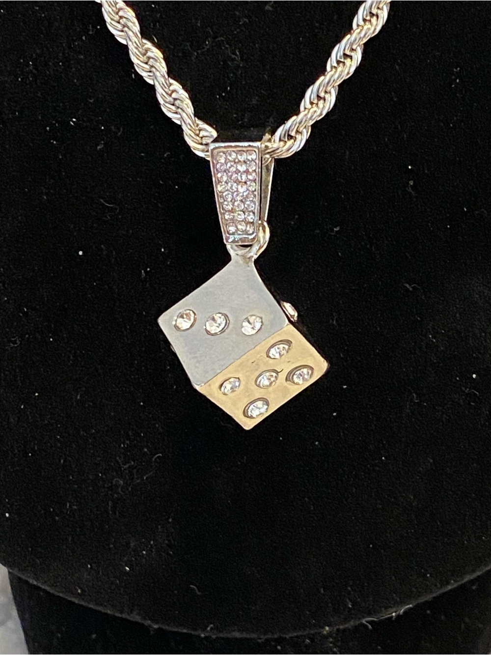 Silver Dice Pendant Necklace with Crystal Accents